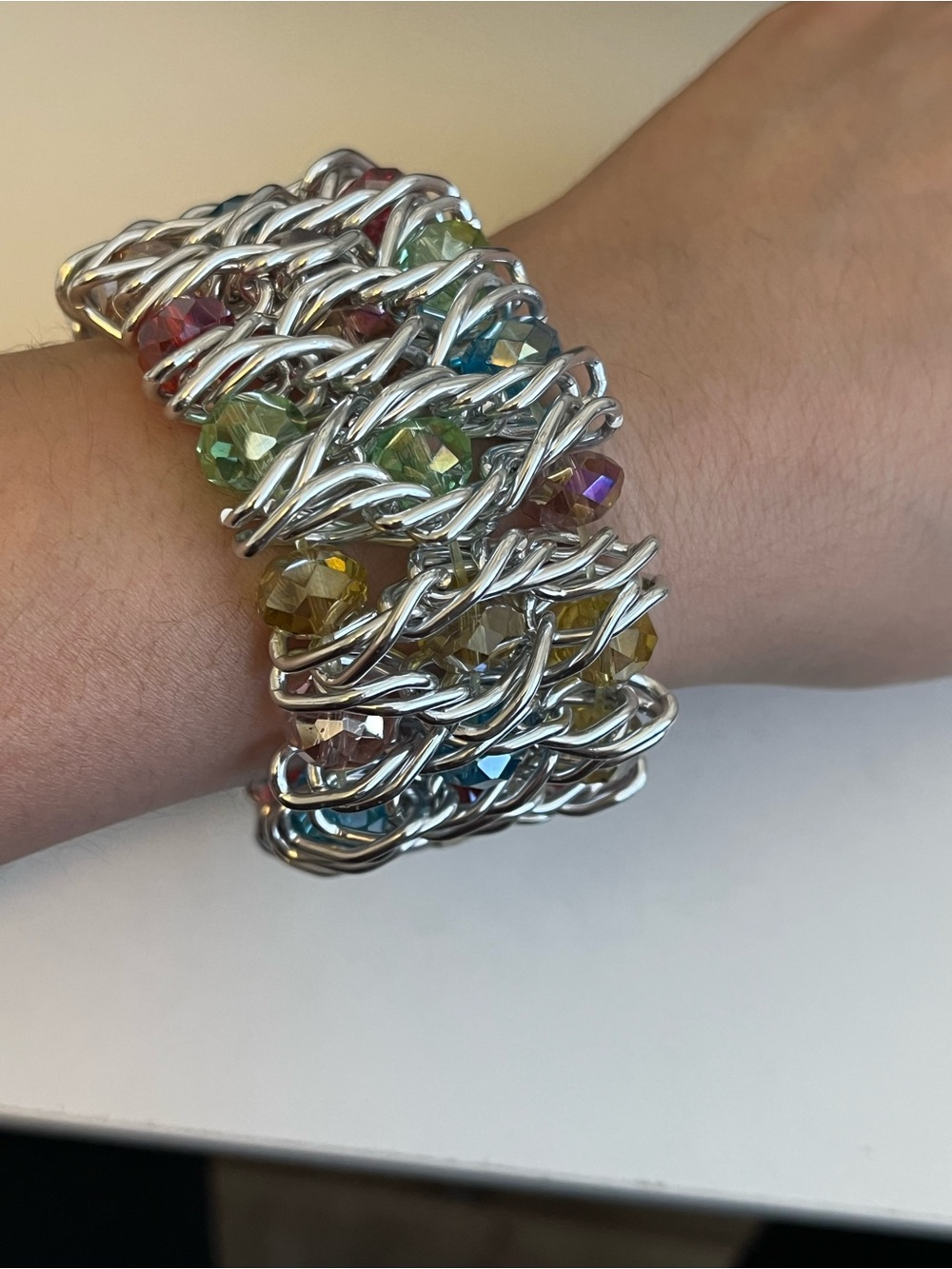 NWT Wide Woven silver Tone Stretch Bracelet Multi Color Faceted Crystals - Picture 4 of 5